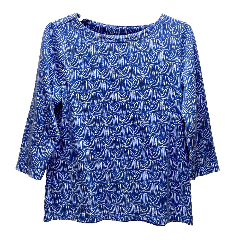 Croft & Barrow Knit Top Women's Medium Blue White Seashells 3/4 Sleeve Cotton EC